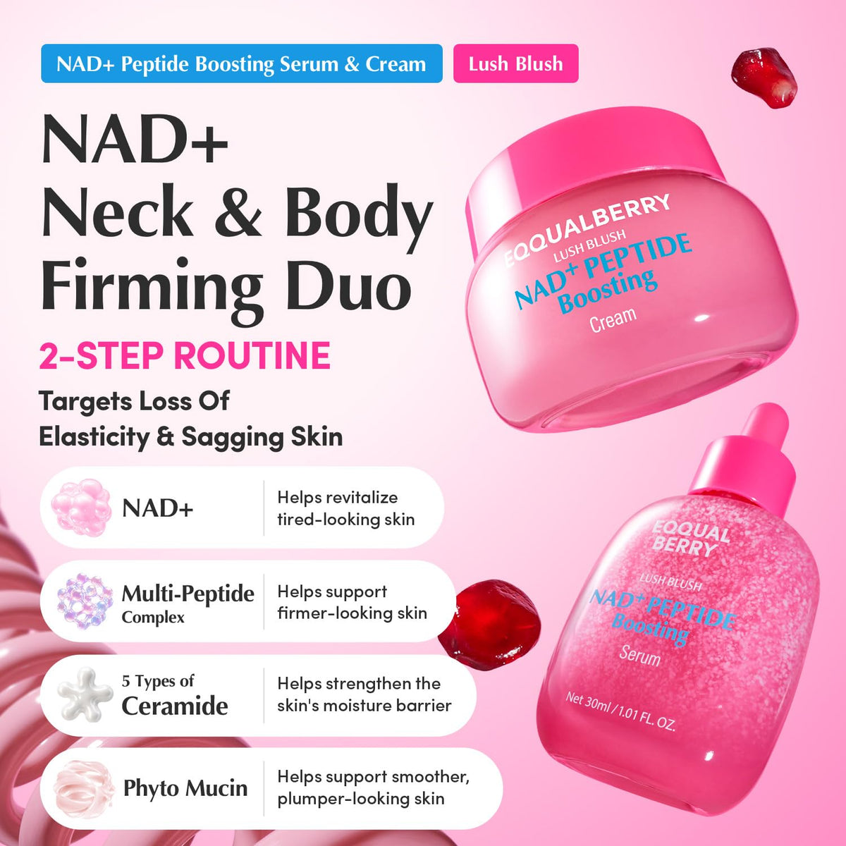 NAD+ Peptide Boosting Serum & Cream Duo | Pink Cream for Anti-Aging, Firming & Lifting, Jawline, Neck, Décolleté