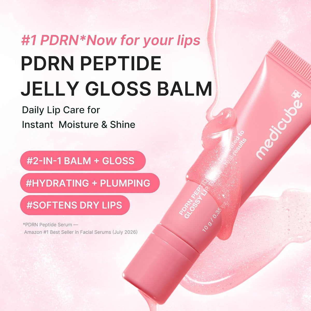 [NEW][medicube]PDRN Peptide Glossy Lip Balm – Hydrating Plumping Lip Gloss with Hyaluronic Acid & Shea Butter, Sheer Pink Pearl Shine