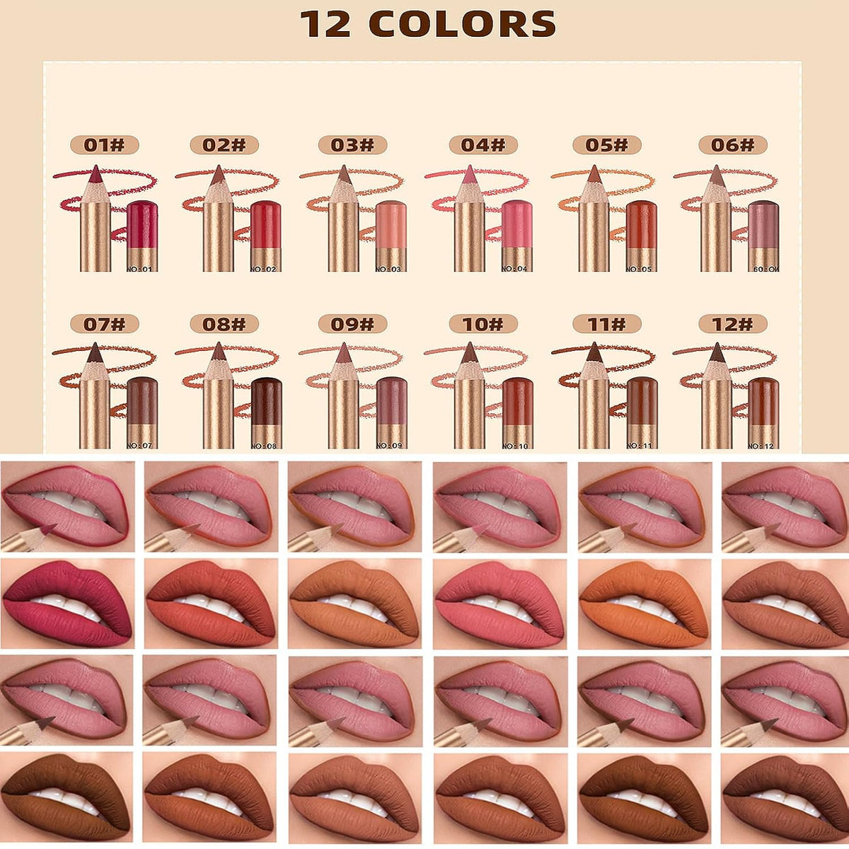 12-Piece Matte Lip Liner Set – Creamy, Long-Lasting Lip Pencils in Nude, Brown, Pink & Red Shades