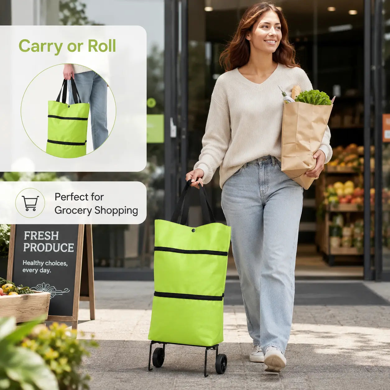 2-in-1 Foldable Shopping Trolley Bag with Wheels