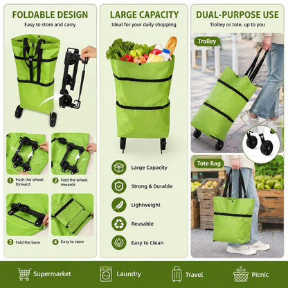 2-in-1 Foldable Shopping Trolley Bag with Wheels