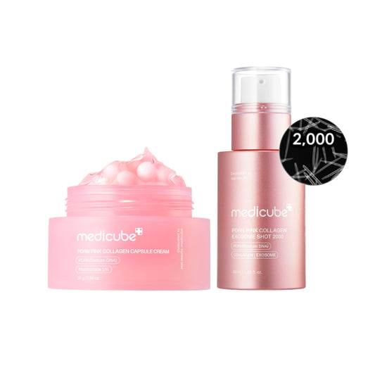 PDRN Pink Glow Collection | Exosome Shot 2000/7500 PPM + Collagen Capsule Cream for Glow, Uneven Tone & Pore Care
