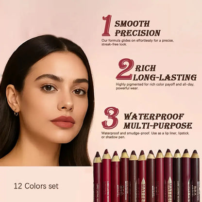 12-Piece Waterproof Matte Lip Liner Set with Sharpener – Easy-Glide Color for Precise, Defined Lips