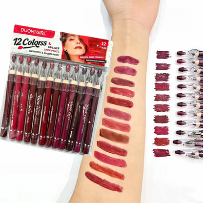12-Piece Waterproof Matte Lip Liner Set with Sharpener – Easy-Glide Color for Precise, Defined Lips