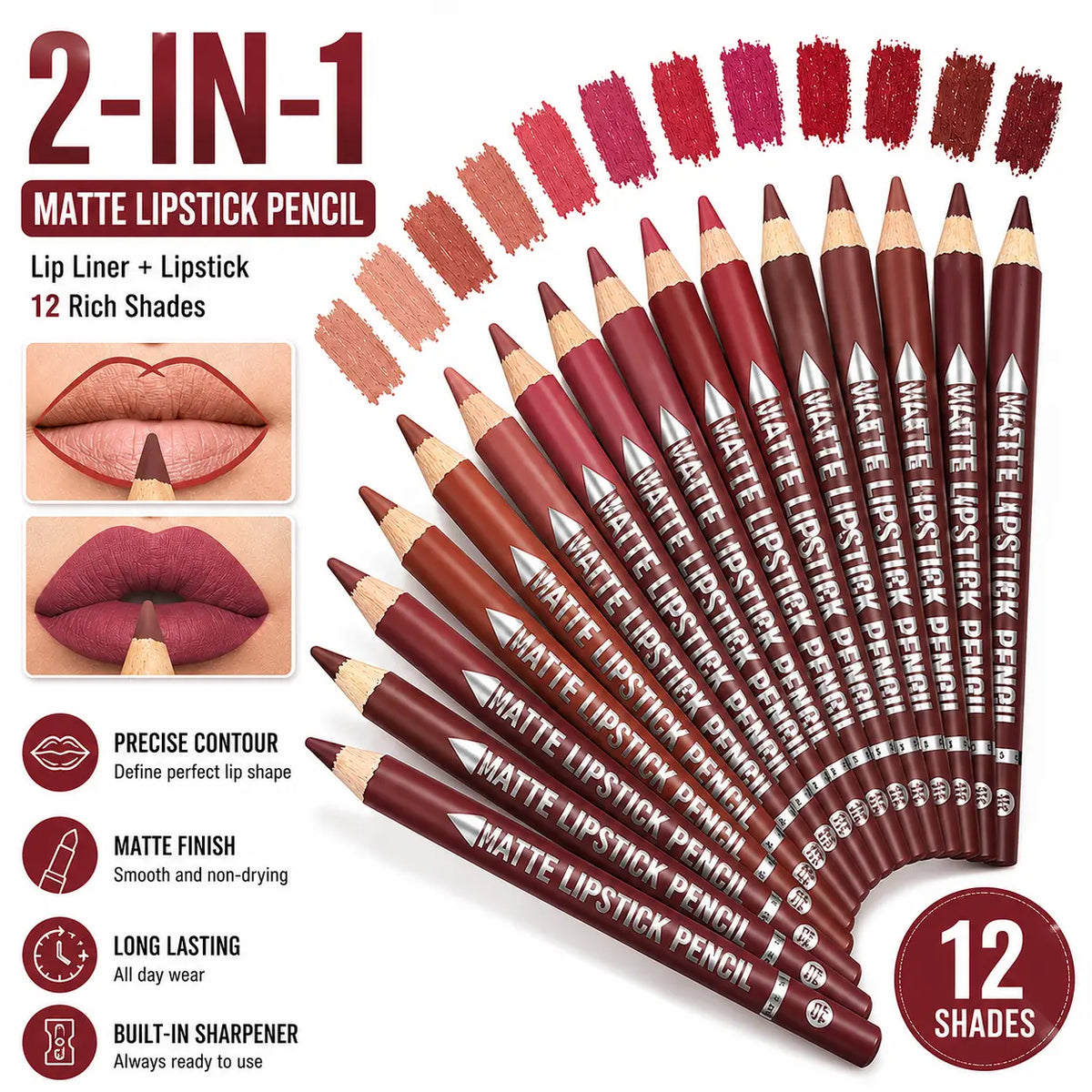 12-Piece Waterproof Matte Lip Liner Set with Sharpener – Easy-Glide Color for Precise, Defined Lips