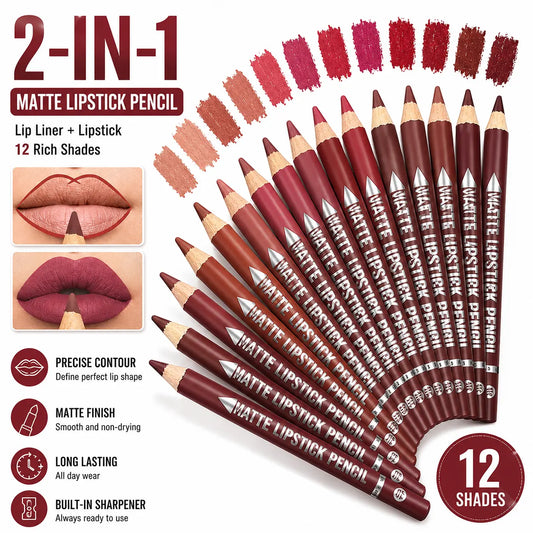 12-Piece Waterproof Matte Lip Liner Set with Sharpener – Easy-Glide Color for Precise, Defined Lips