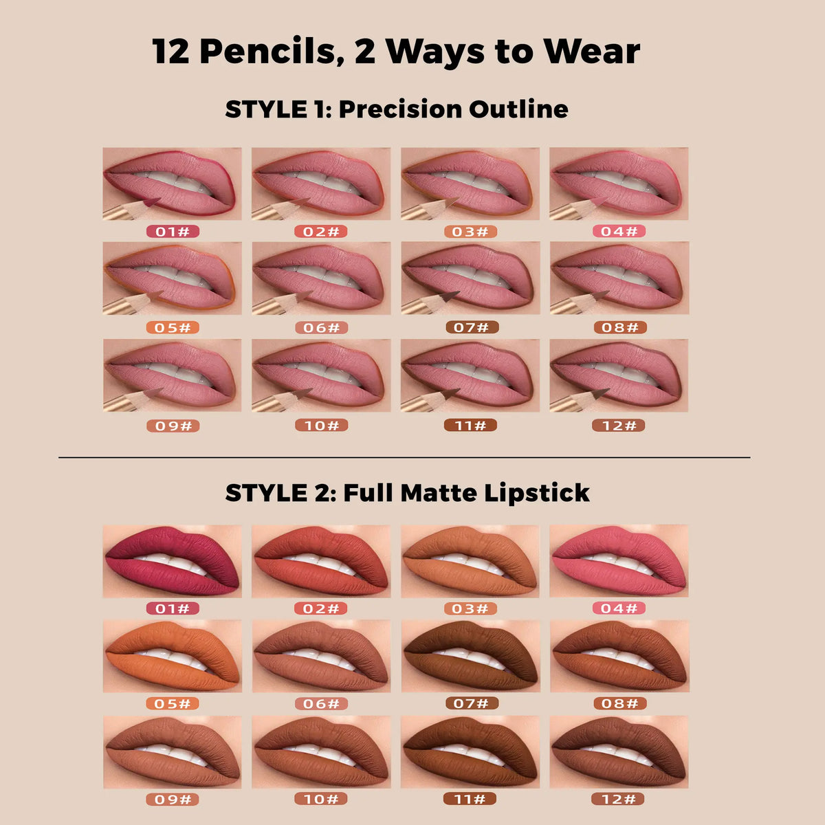 12-Piece Matte Lip Liner Set – Creamy, Long-Lasting Lip Pencils in Nude, Brown, Pink & Red Shades