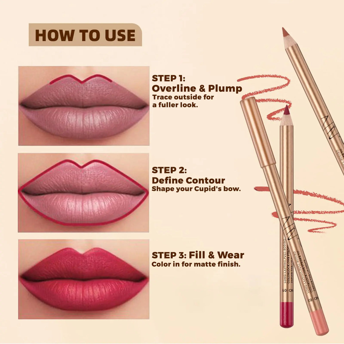 12-Piece Matte Lip Liner Set – Creamy, Long-Lasting Lip Pencils in Nude, Brown, Pink & Red Shades